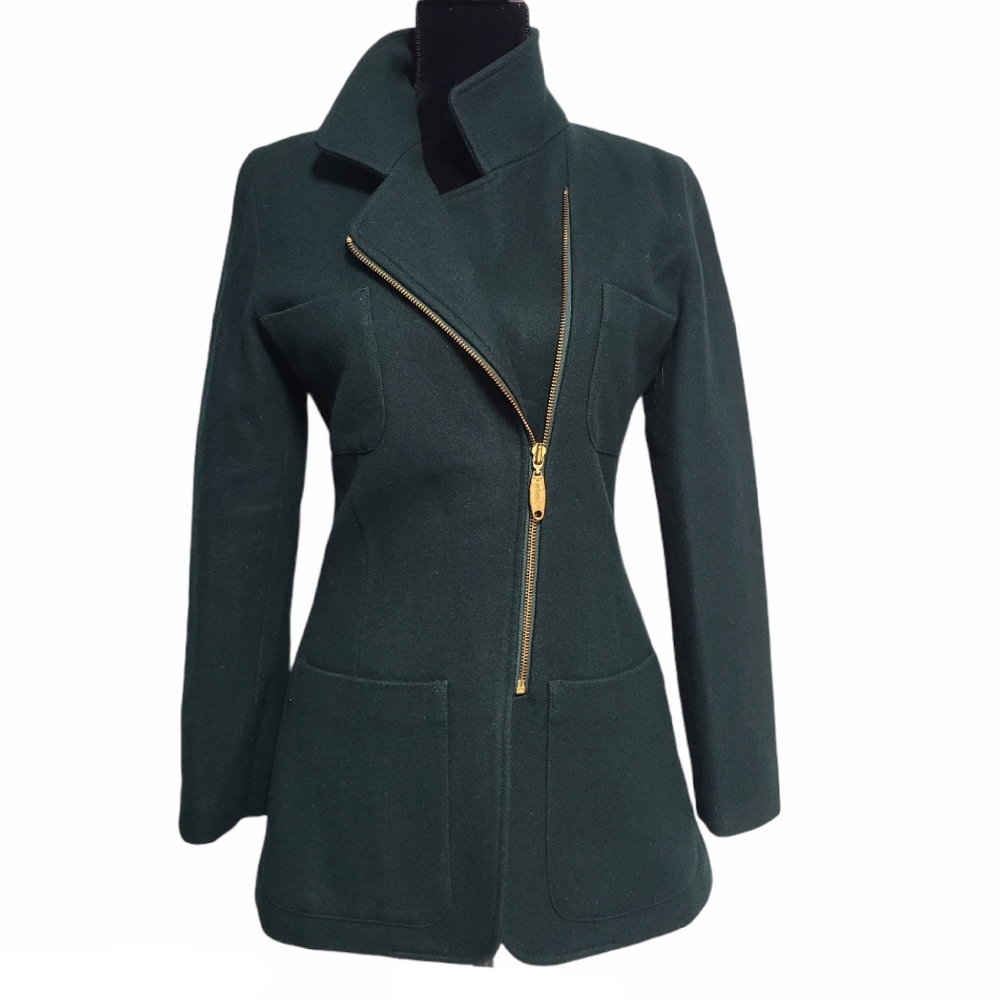 Armani Jeans Dark Green Asymmetrical Zip Wool Blend Jacket with Gold Hardware - Picture 2 of 9